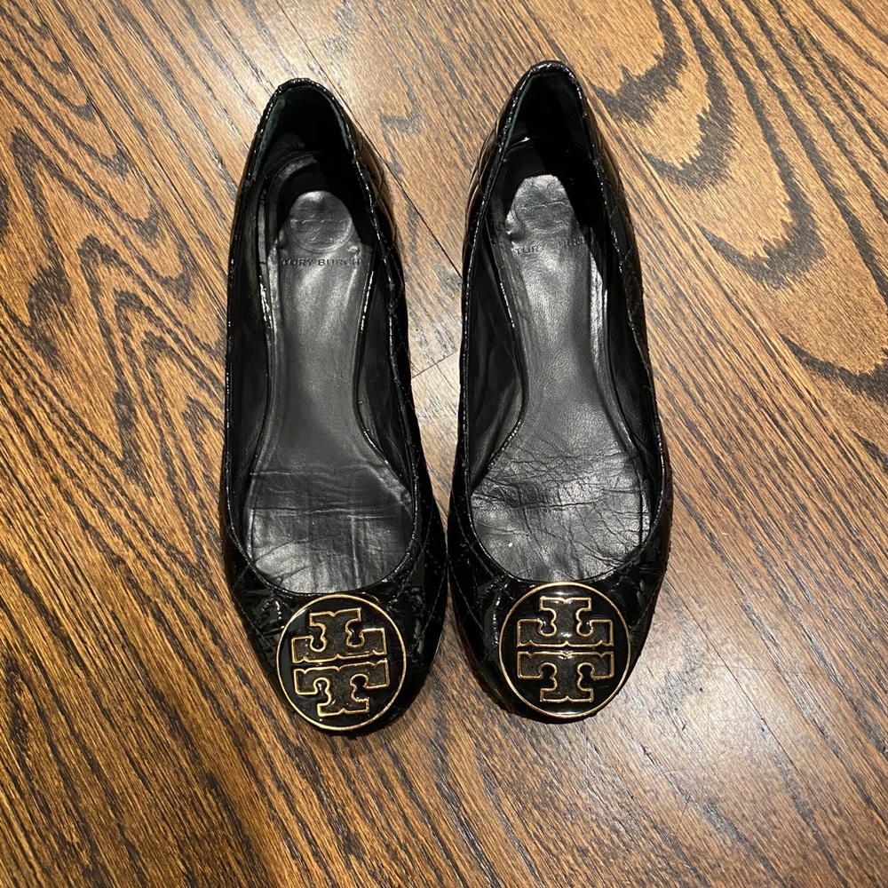 Tory Burch quilted black patent reva flat